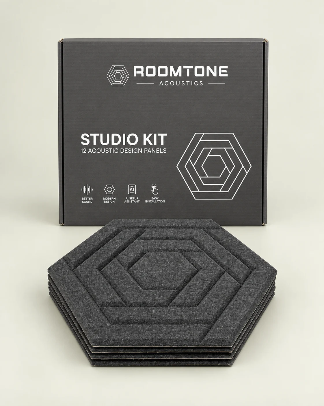 ROOMTONE Midnight Black Studio Kit box and hexagonal panels — studio presentation