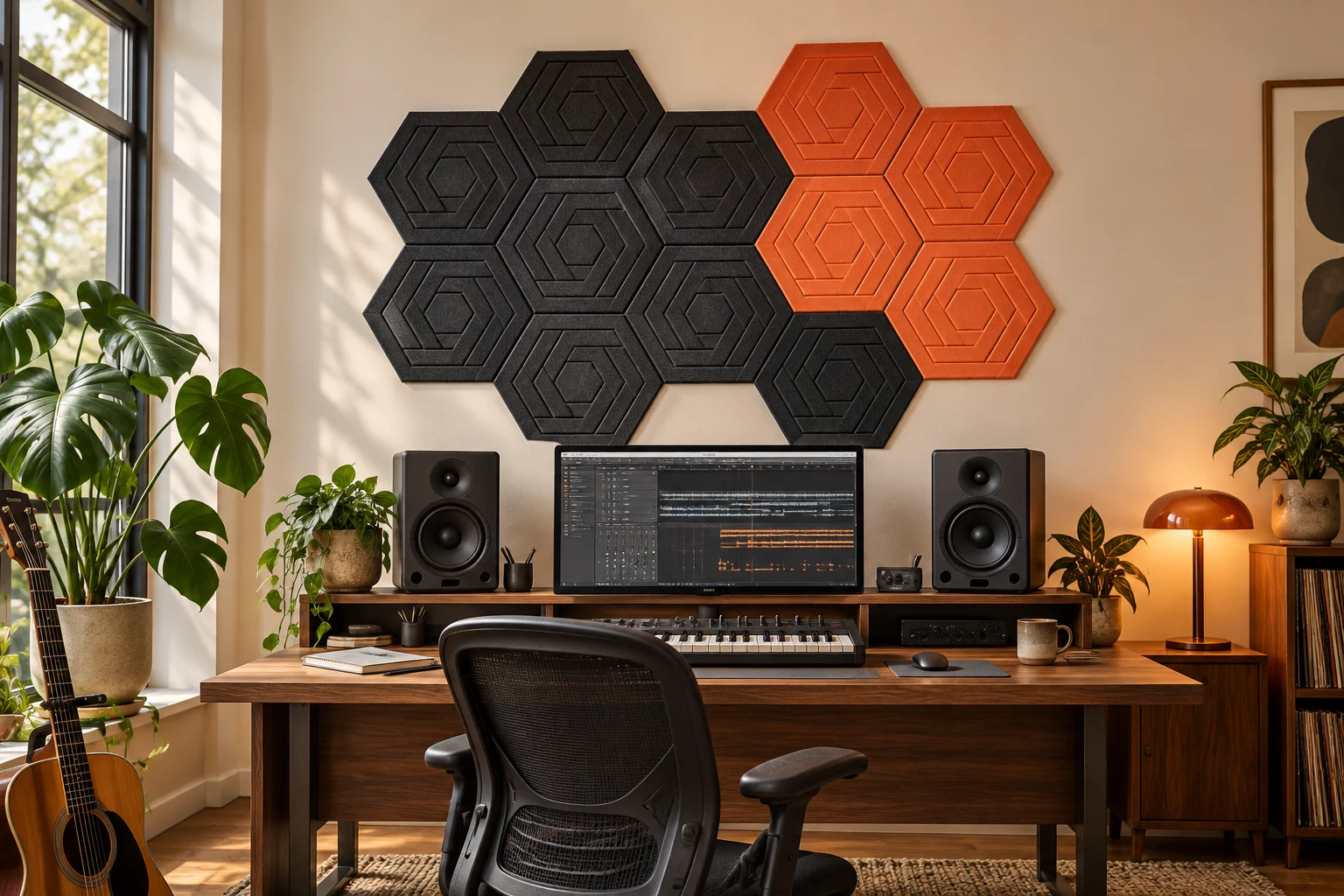 AI studio concept with black and orange Roomtone hexagonal panels above a music workstation
